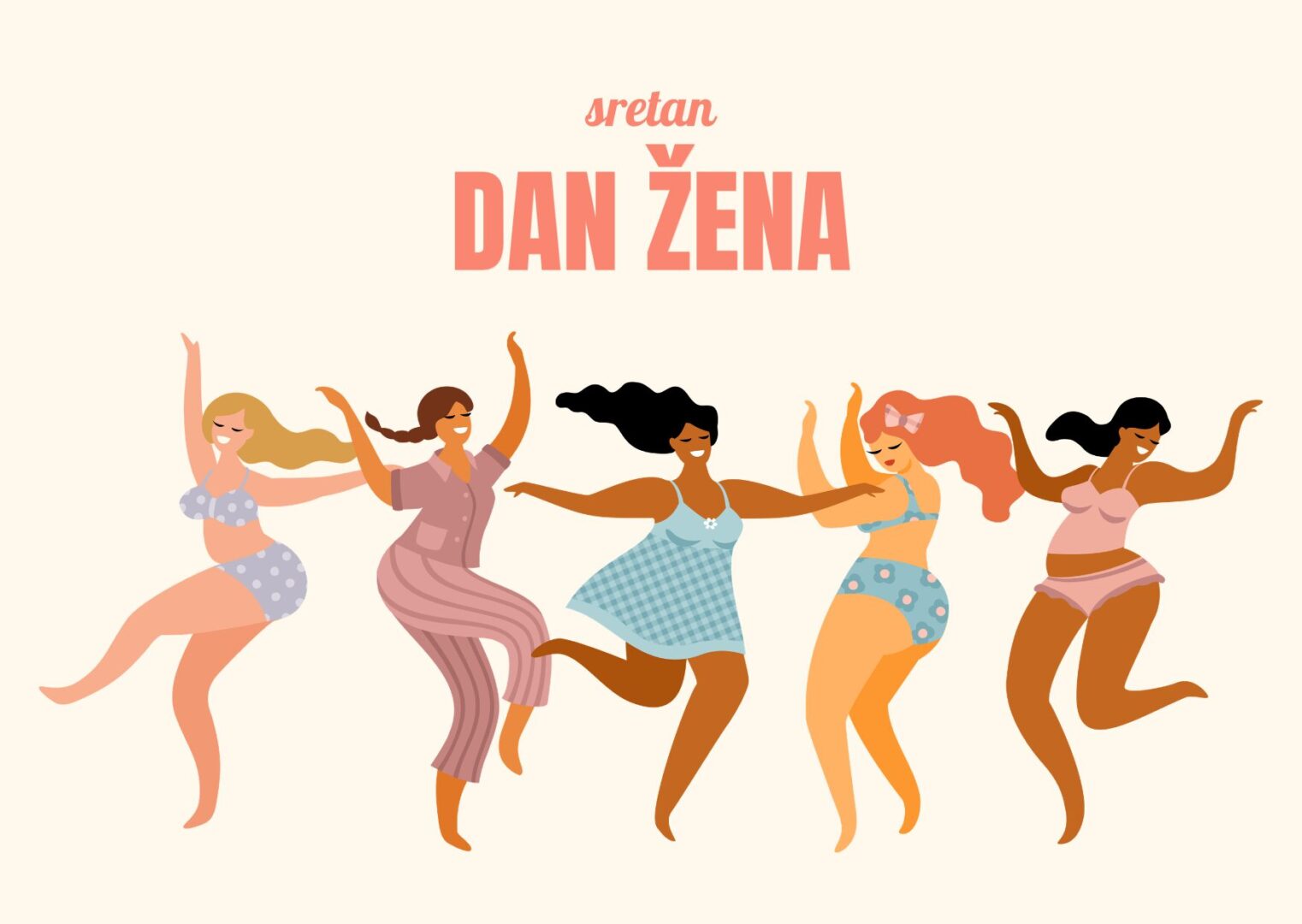 Beige and Pink Cartoon Playful International Women’s Day Greeting Card